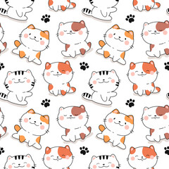 Seamless pattern with cute kawaii cats, fabric print.