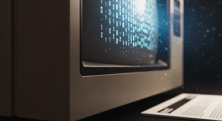 Vintage computer display with glowing data stream, evoking a sense of technological advancement. Old monitor displays data stream and paper below it, illuminating information.