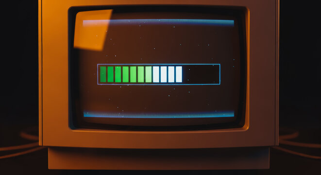 An old computer monitor displays a loading bar. It signifies the era of early technology and progress, with a modern aesthetic, and represents digital progress.