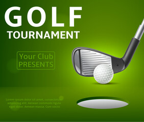 Banner template for tournament featuring golf club. Ball and hole in grass. Event announcement. Golfers championship invitation. Golfing players. Sport competition flyer vector design