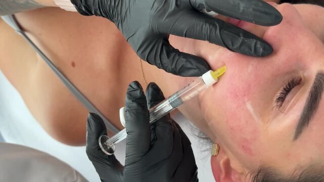Aesthetic medicine: Close-up of collagen biorevitalization treatment with cannula injection into womans face by cosmetologist in black gloves