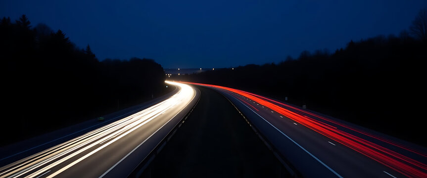 Long exposure of highway with light trails at dusk under a dark blue sky, travel concept, transport