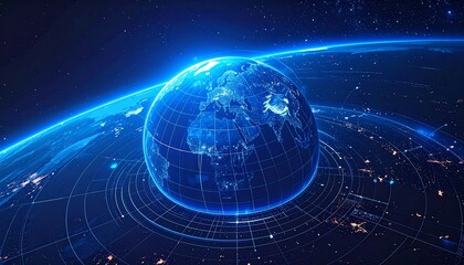 Futuristic Earth Globe with Digital Network and Technology Overlay.