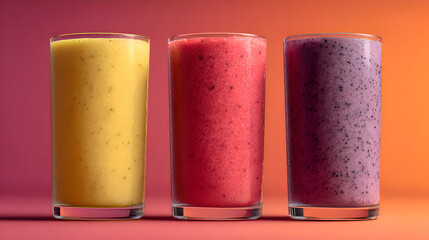 Three colorful fruit smoothies in glasses on a vibrant background