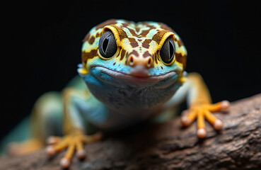 Fototapeta premium Macro shot shows gecko on branch with black backdrop. Reptile presents with colorful scales, cute appearance. Lizard eye clearly visible. Reptilian rests. Gecko looks at camera reptile camouflage.