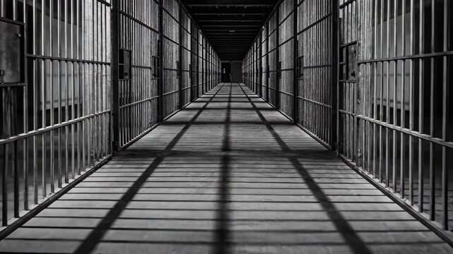 Dark Prison Corridor With Cells And Shadows.