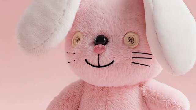 Fluffy pink bunny toy with button eyes on a soft pink backdrop
