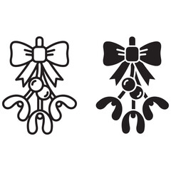 Festive Mistletoe with Bow Outline and Silhouette Icons