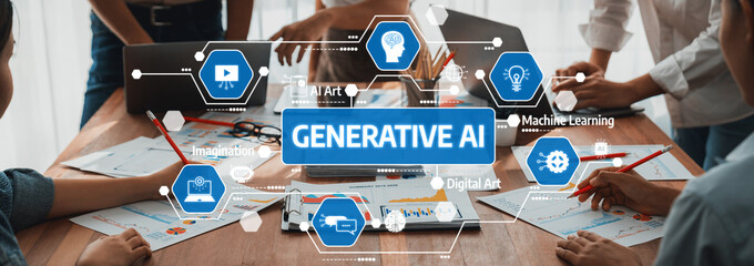Visual representation of generative AI in action, showcasing collaboration, digital art, and machine learning to inspire creativity and innovation in various fields. Amity