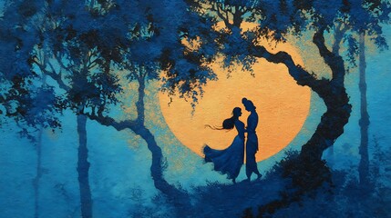 Romantic moonlit couple silhouette under glowing night sky in dreamy forest art style for love, love themes, and dreamy wedding design, Glowing moonlight lovers silhouette in magical forest art style