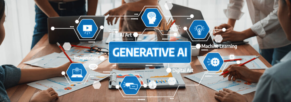 Visual representation of generative AI in action, showcasing collaboration, digital art, and machine learning to inspire creativity and innovation in various fields. Amity