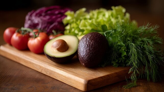 Fresh vegetables including tomatoes avocado red cabbage and herbs arranged on a wooden cutting board - Powered by Adobe