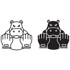 Angry Hippopotamus Wearing Work Gloves Icon in Outline and Solid Black Styles