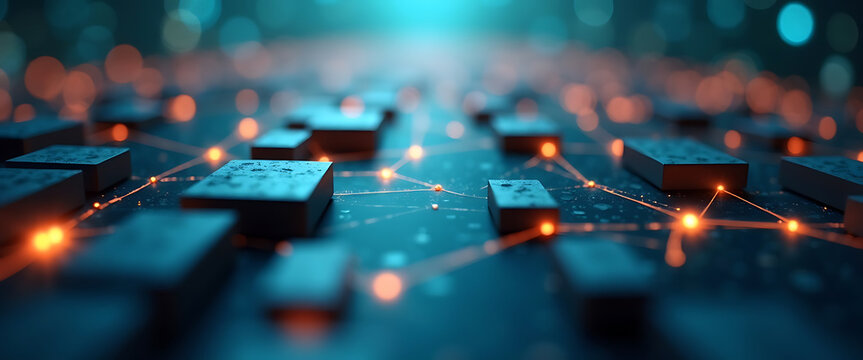 Abstract illustration of a digital circuit board with connecting lines and glowing lights in a technology concept