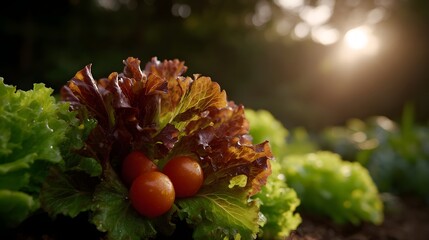 A close up of fresh lettuce and ripe cherry tomatoes in a garden bed during the golden hour sunset