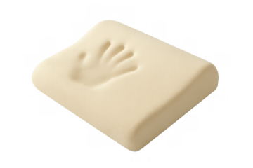 Memory foam cushion showing handprint impression for comfort and orthopedic support with transparent background