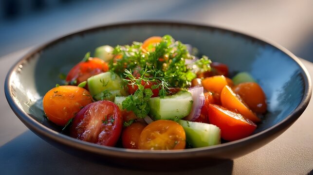 Fresh cherry tomato and cucumber salad garnished with herbs in a rustic bowl during golden hour - Powered by Adobe