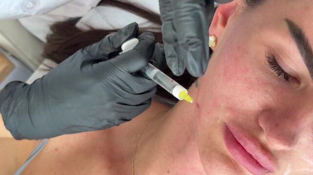 Aesthetic medicine: Close-up of collagen biorevitalization treatment with cannula injection into womans face by cosmetologist in black gloves