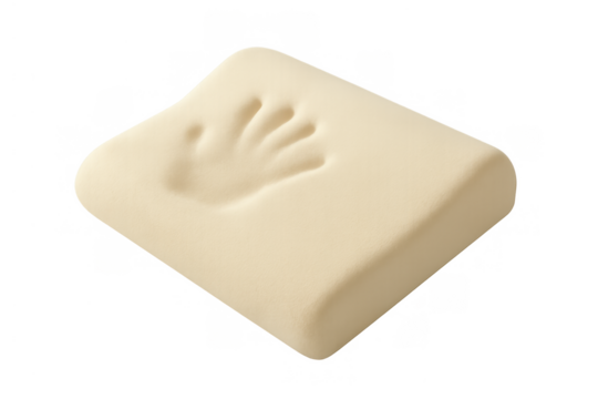 Memory foam cushion showing handprint impression for comfort and orthopedic support with transparent background