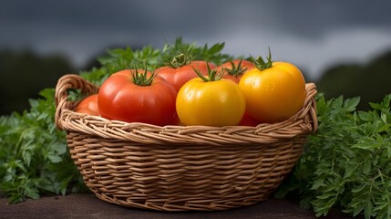 Rustic wicker basket brimming with fresh red and yellow tomatoes green parsley under a dramatic stormy sky