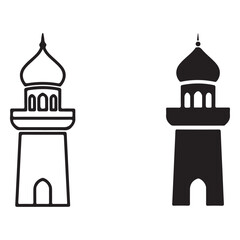 Two Islamic Minaret Tower Icons in Outline and Silhouette Styles