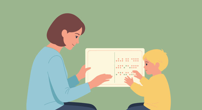 Young boy learning braille with teacher, visually impaired education and assistance. - Powered by Adobe