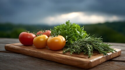 Fresh tomatoes and herbs arranged on a rustic wooden cutting board outdoors under a dramatic cloudy sky