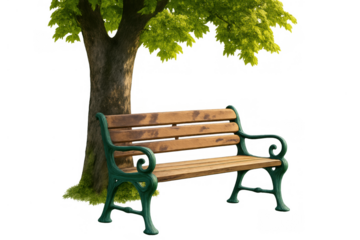 Park bench with green metal frame sitting beneath a lush tree, offering a peaceful relaxation spot outdoors