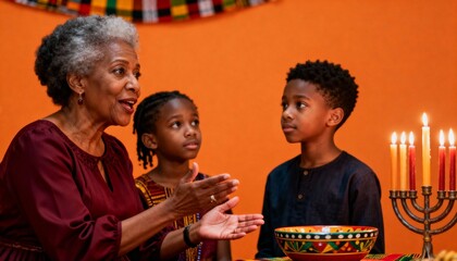 An African American grandmother teaches her two grandchildren about Kwanzaa traditions. A family celebrating the holiday with a lit Kinara. Intergenerational storytelling and cultural heritage