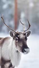 Obraz premium Peaceful reindeer portrait captures winter woodland serenity amidst subtle autumn hues
