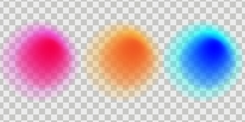 Set color circle gradient noise gradation. Abstract colorful watercolor blur mesh on isolated transparent background. Circle shape png. Gradient aura, grain neon blob noise effect vector illustration.