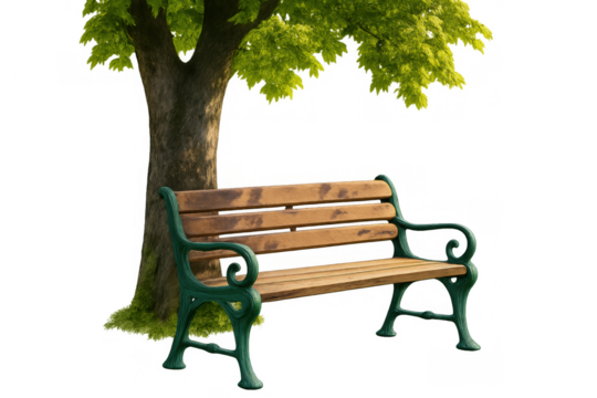 Park bench with green metal frame sitting beneath a lush tree, offering a peaceful relaxation spot outdoors