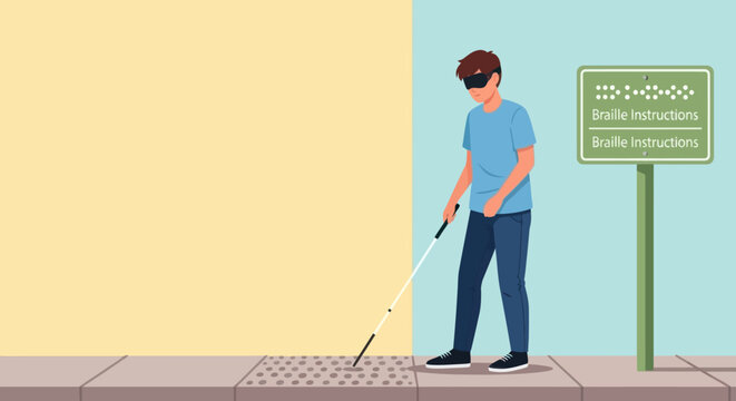 Blind man with cane walking on tactile paving near braille instructions sign. Vector.