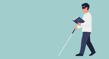 Blind man reading braille book while walking with cane. Concept of inclusion and support.