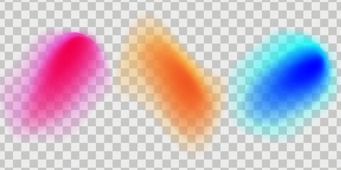 Set color circle gradient noise gradation. Abstract colorful watercolor blur mesh on isolated transparent background. Circle shape png. Gradient aura, grain neon blob noise effect vector illustration.