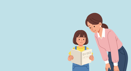 Young girl reading braille book with teacher helping. Inclusive education concept illustration.