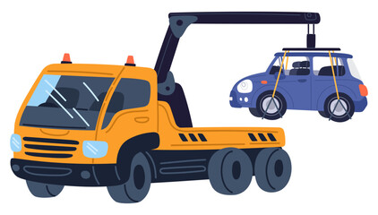 Yellow tow truck loads passenger car and takes to repair shop or impound lot. Lorry with crane. Vehicle transportation. Breakdown automobile carrier. Transport evacuator. Vector concept