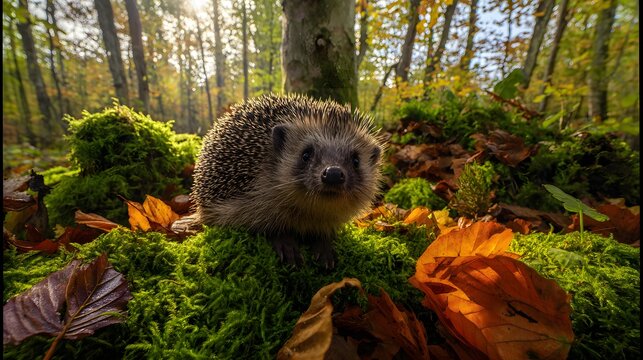 Charming hedgehog portrait amidst autumn leaves a serene wildlife scene bathed in soft forest light
