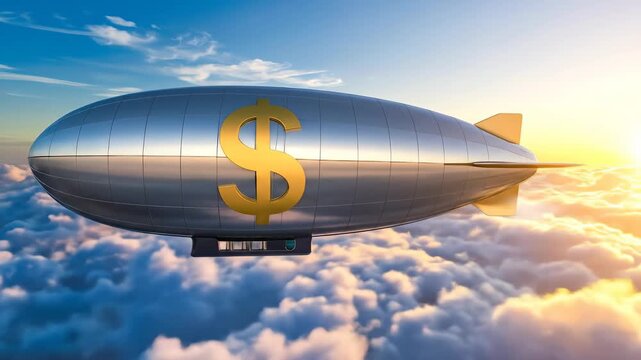 Airship with Dollar Sign Floating Above the Clouds in the Sky.