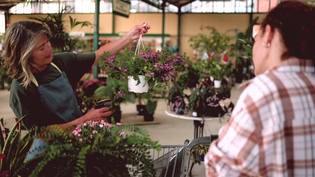 Knowledgeable mature florist in an apron assisting a young woman with her purchase by scanning the barcode on a hanging flowerpot and placing it in her shopping cart at a plant nursery