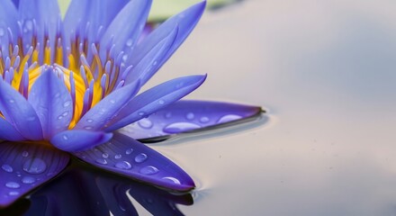 Fototapeta premium Detailed macro shot of a vibrant purple and yellow water lily (lotus flower) floating on dark, still water, with clear water drops resting on the petals, conveying purity and tranquility
