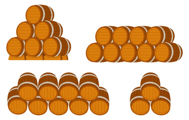 Fototapeta premium Stacked wooden barrels for beer, wine and other alcoholic beverages. Winery storage. Brewery wood casks. Container for whisky. Drink fermentation. Brewing kegs. Vector isolated objects set