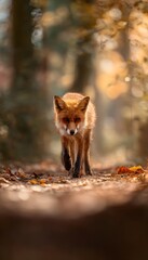 Obraz premium Autumn fox strolls through sunlit forest a serene wildlife portrait of gentle beauty and peaceful nature scenes