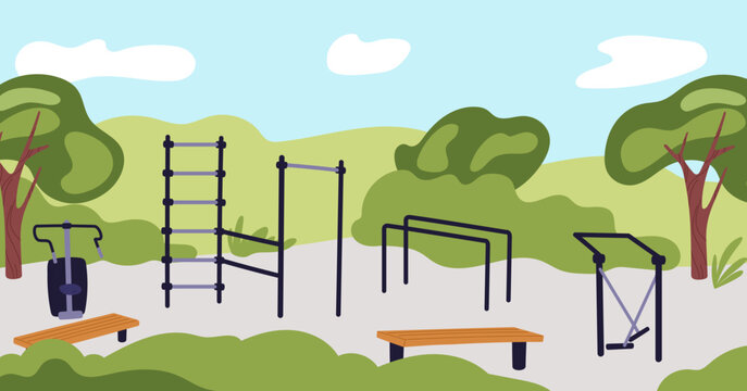 Sports playground with exercise equipment. Horizontal and parallel bars in park surrounded by nature. Fitness simulators. Empty park athletic zone. Gymnastic turnstiles. Vector background