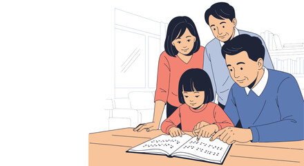 Young blind girl reading braille with the help of her parents. Inclusive education.