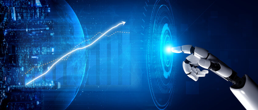 Futuristic robotic hand reaching towards glowing digital interface in urban landscape depicting technology and innovation Impute. - Powered by Adobe