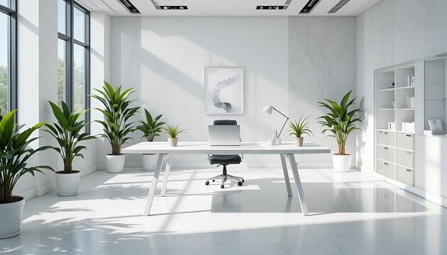 Bright office space with white desk, chair, plants, and natural light from large windows in a clean room