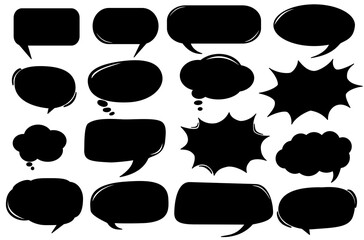 A bold set of comic speech and thought bubbles, perfect for expressive dialogue, cartoon graphics, and playful visual designs. speech bubbles in black silhouettes.