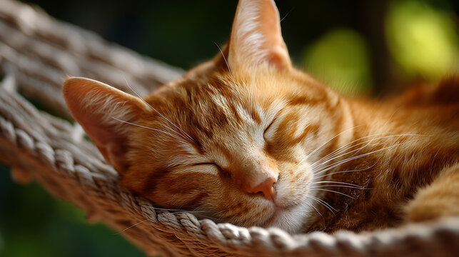 Orange tabby cat sleeping peacefully in a woven hammock image