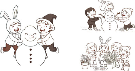 Children winter activity, snowman building, gardening scene, cartoon kids illustration, festive outdoor play, vector drawing, cad sketch, flat style
